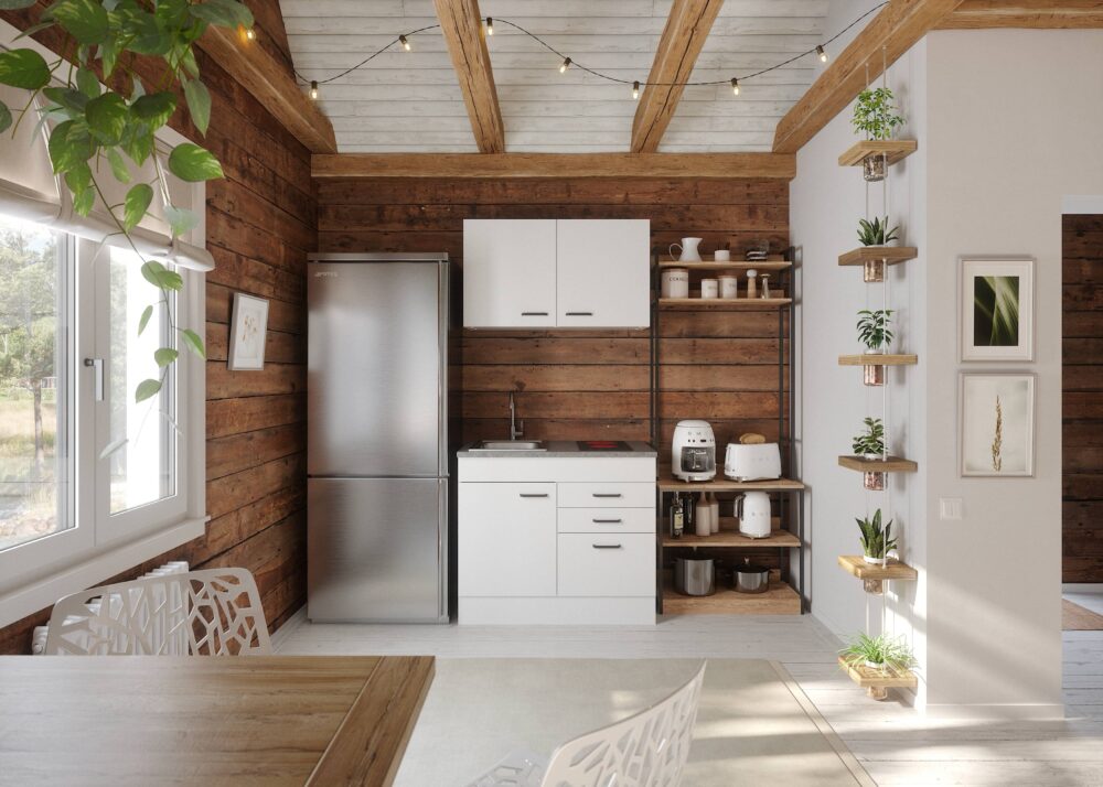 OPTImulti Bonn214 | Das Multiprogramm - Front: Feinstruktur weiß | Korpus: Weiß | Griffe: Aluminium Satin grau | Arbeitsplatte: Fantasiedekor grau