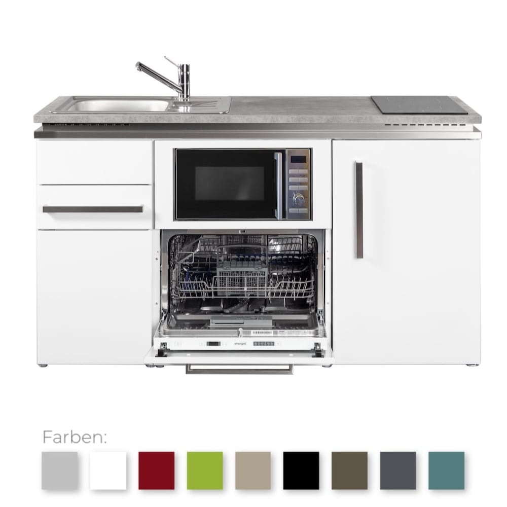 Stengel Steel Concept - Miniküche Designline MDGSM150 - mit Arbeitsplatte, Schublade, Kühlschrank, Mikrowelle und Geschirrspüler