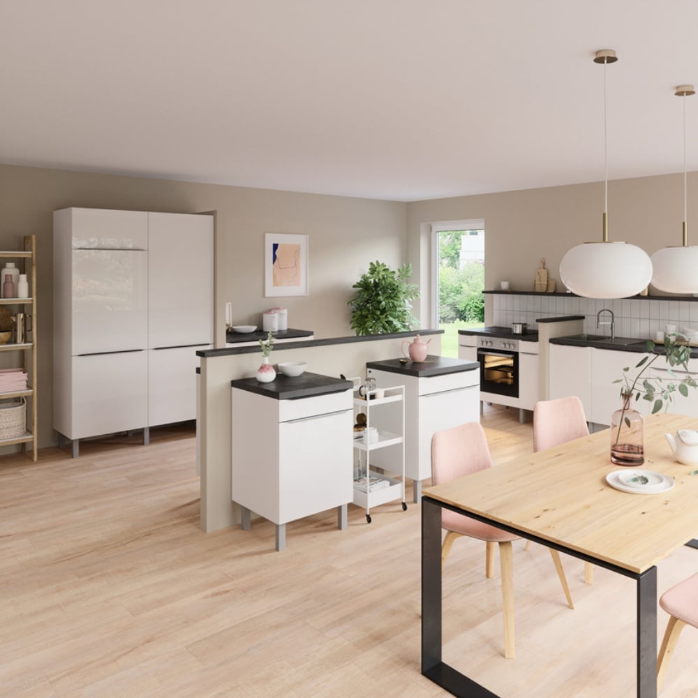 OPTIkomfort Modular Arvid986 | Front: Glanz Lack Weiß | Korpus: Feinstruktur weiß | Griff: Griffleiste Edelstahl Optik