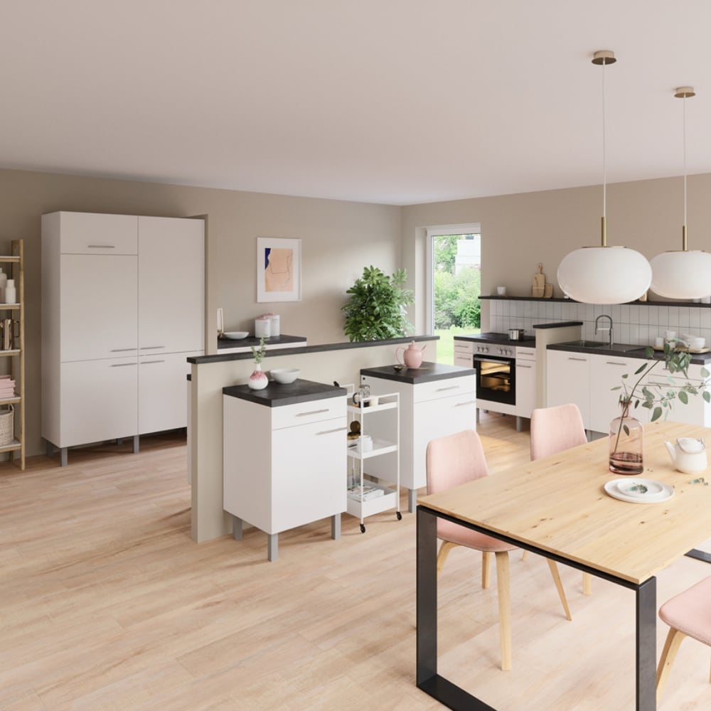 OPTIkomfort Modular Bengt932 | Front: Feinstruktur weiß | Korpus: Feinstruktur weiß | Griff: Metall Edelstahl Optik