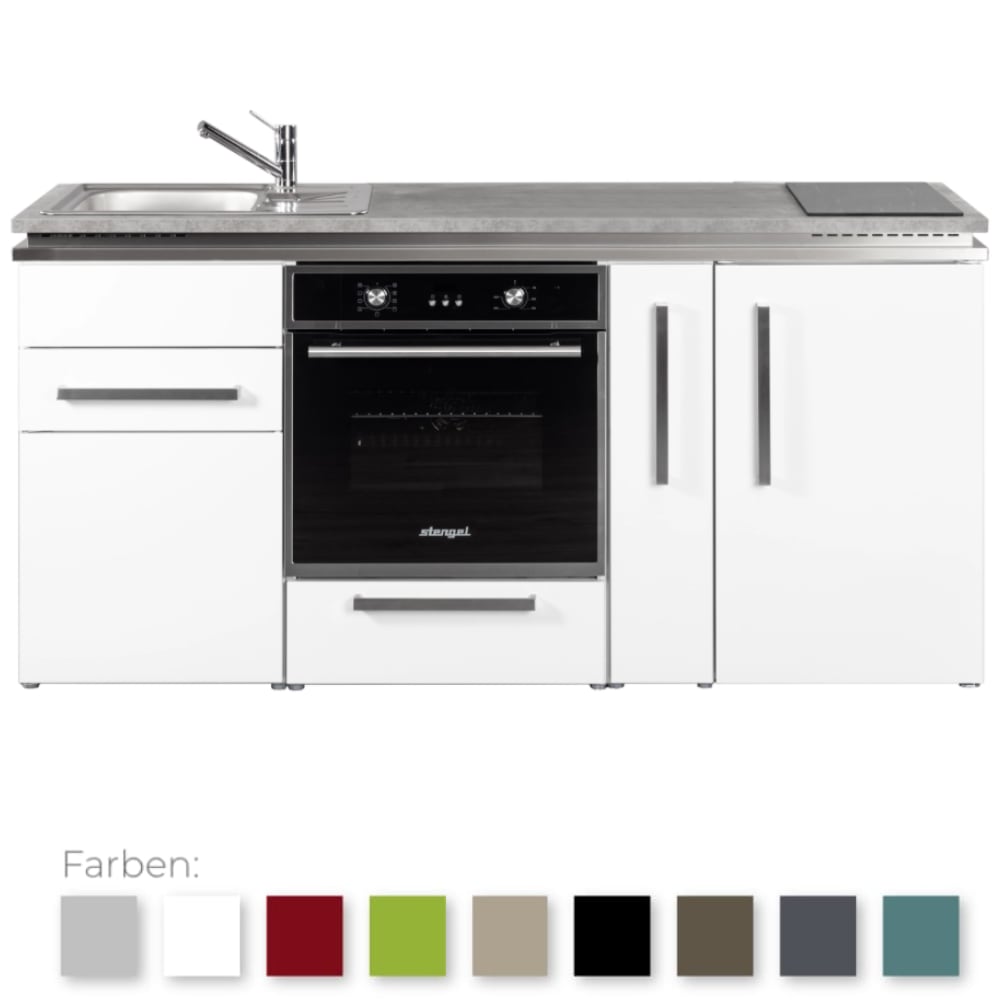 Stengel Steel Concept - Miniküche Designline MDB180A - mit Arbeitsplatte, Kühlschrank, Apothekerauszug, Backofen und Schublade (1818016276117)